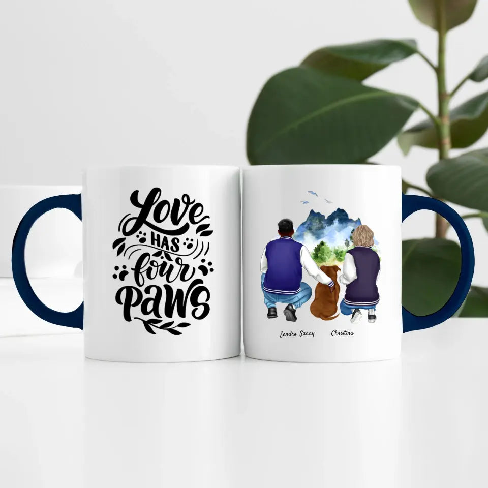 Pärchen mit Hund (2 Personen) | Personalisierte Tasse