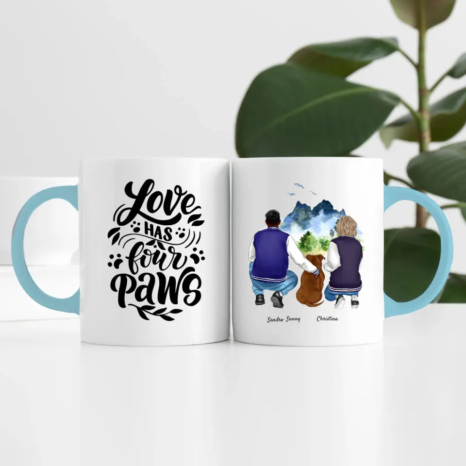 Pärchen mit Hund (2 Personen) | Personalisierte Tasse