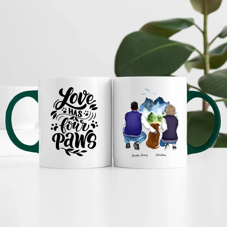Pärchen mit Hund (2 Personen) | Personalisierte Tasse