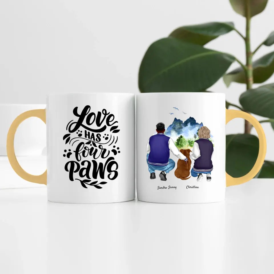 Pärchen mit Hund (2 Personen) | Personalisierte Tasse
