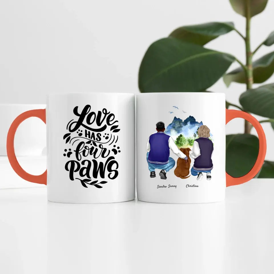Pärchen mit Hund (2 Personen) | Personalisierte Tasse