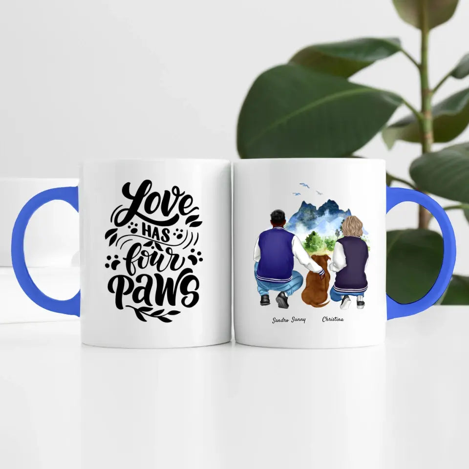 Pärchen mit Hund (2 Personen) | Personalisierte Tasse