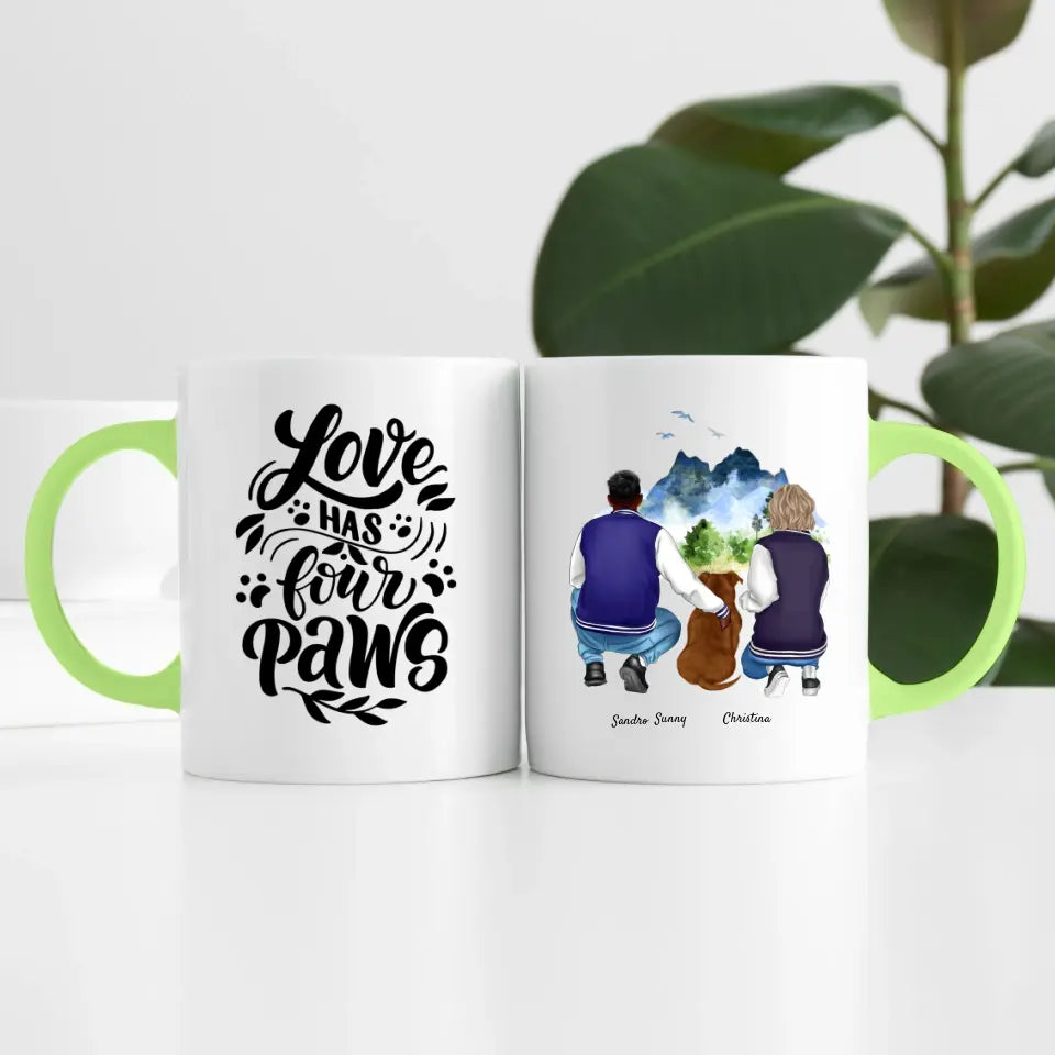 Pärchen mit Hund (2 Personen) | Personalisierte Tasse
