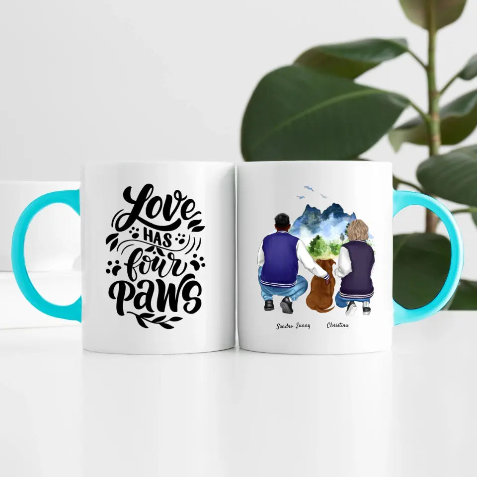 Pärchen mit Hund (2 Personen) | Personalisierte Tasse