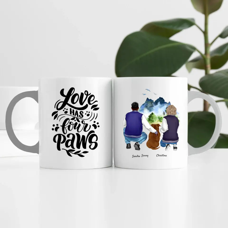 Pärchen mit Hund (2 Personen) | Personalisierte Tasse