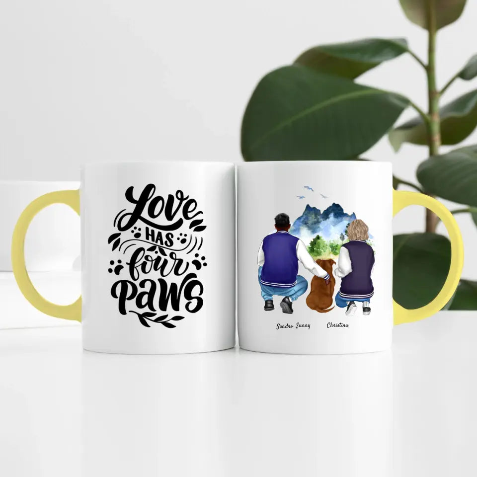 Pärchen mit Hund (2 Personen) | Personalisierte Tasse