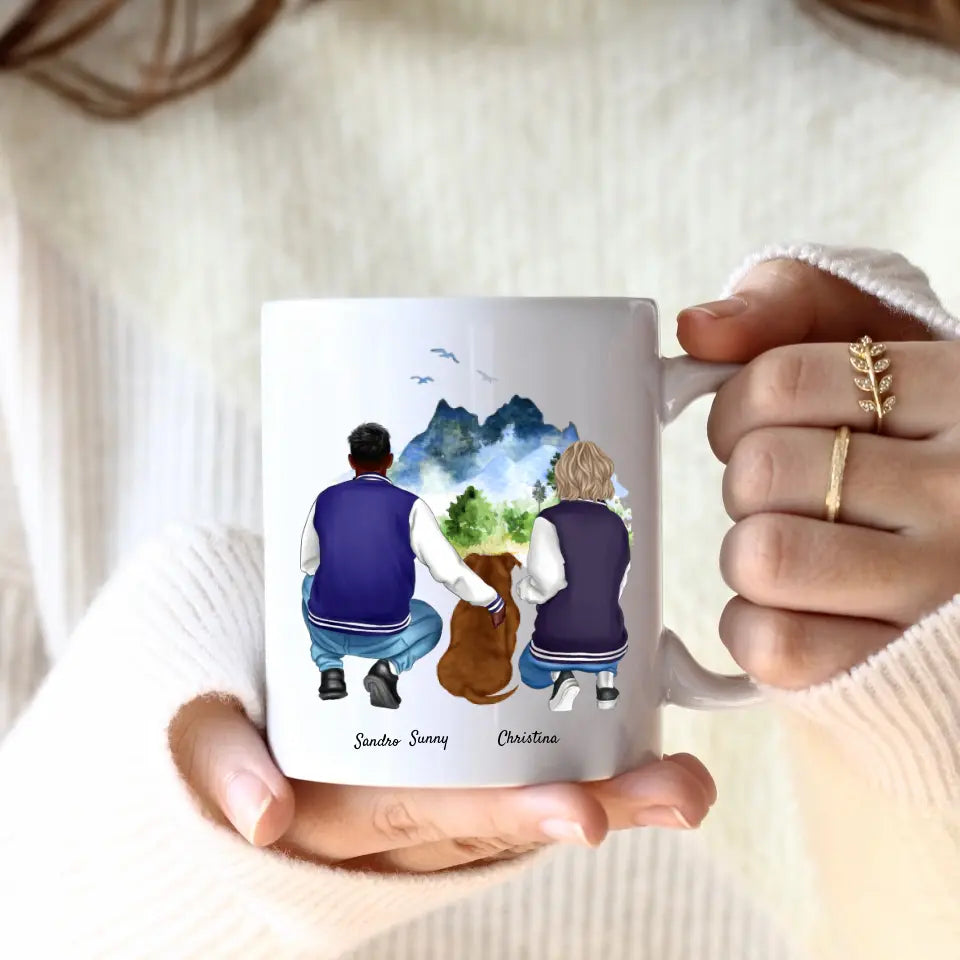 Pärchen mit Hund (2 Personen) | Personalisierte Tasse