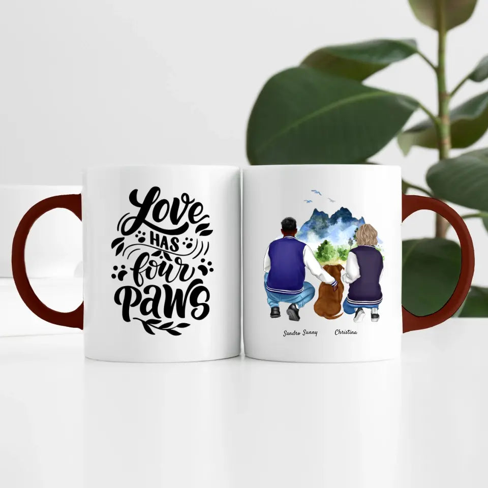 Pärchen mit Hund (2 Personen) | Personalisierte Tasse
