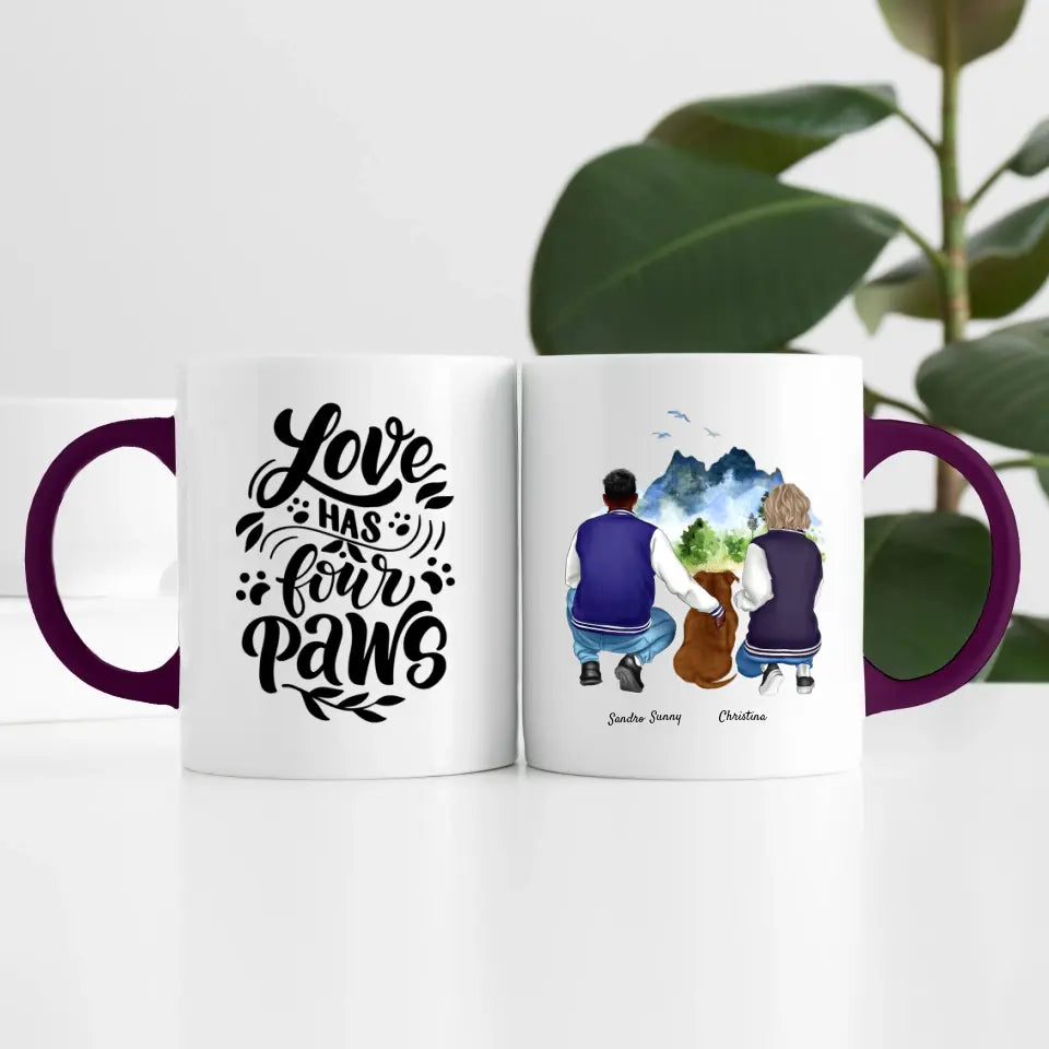 Pärchen mit Hund (2 Personen) | Personalisierte Tasse