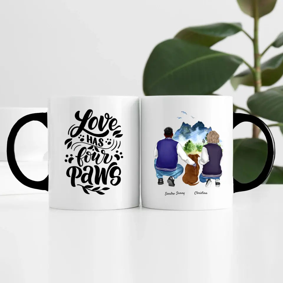 Pärchen mit Hund (2 Personen) | Personalisierte Tasse