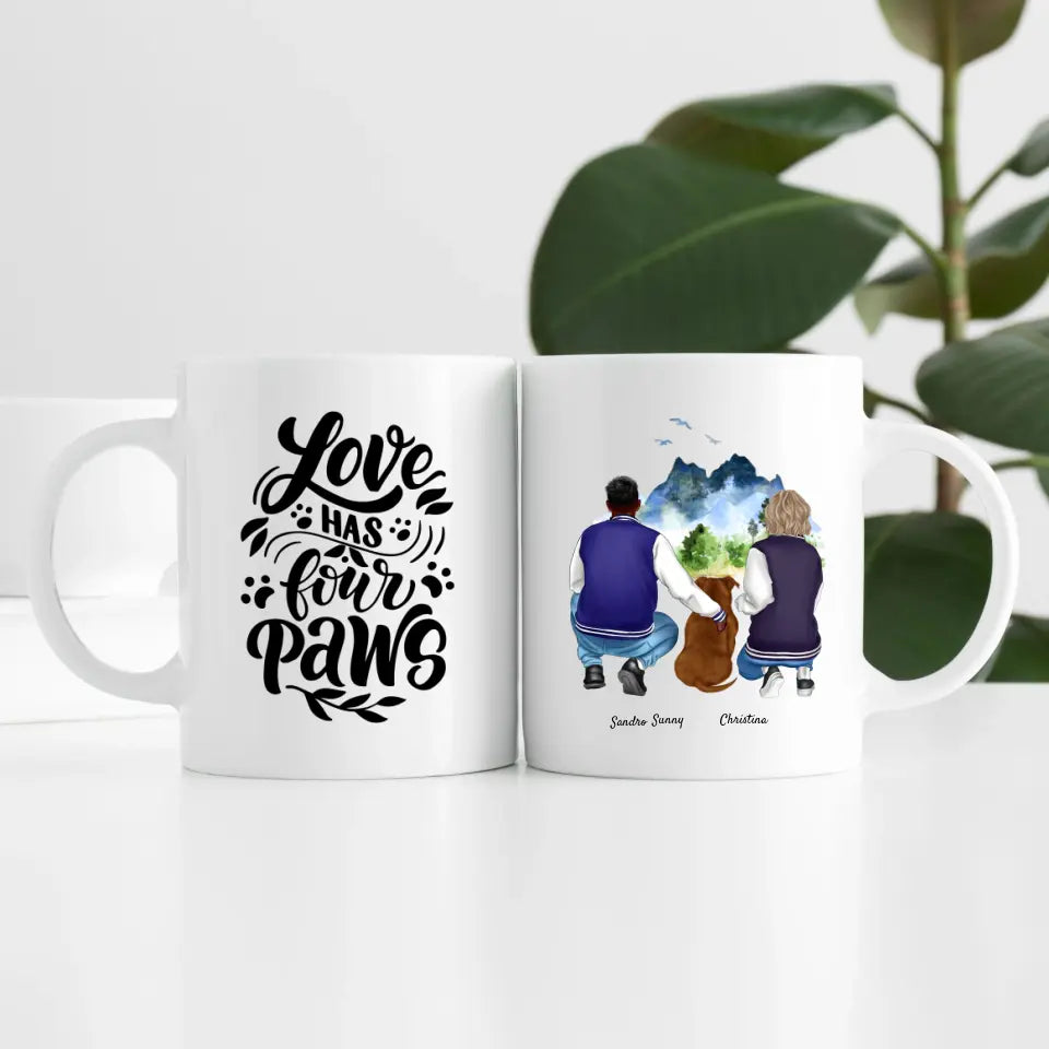 Pärchen mit Hund (2 Personen) | Personalisierte Tasse