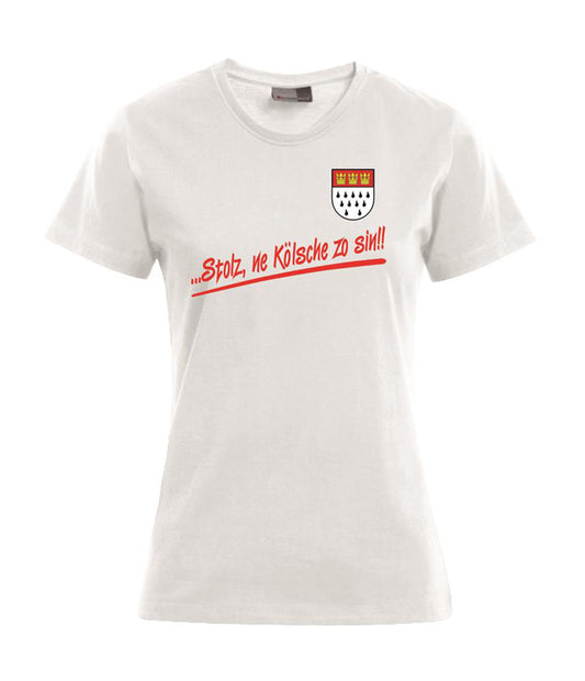 Damen T-Shirt - Stolz ne Kölsche zo sin mit buntem Wappen