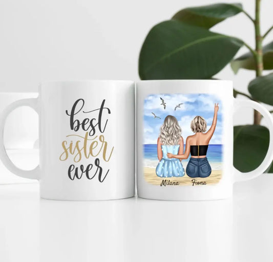 zwei Schwestern am Strand | Personalisierte Tasse