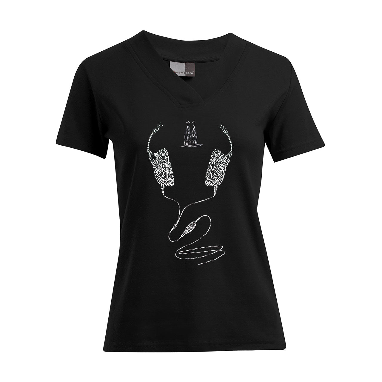 Damen T-Shirt mit V-Ausschnitt - Kölsche Musik - Strass