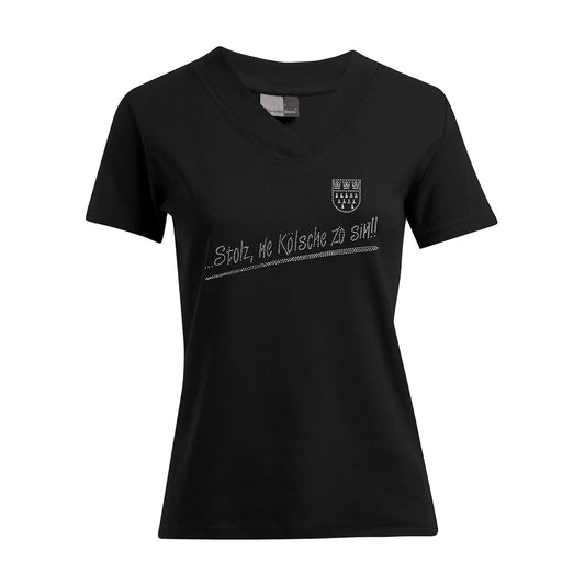 Damen T-Shirt mit V-Ausschnitt - Stolz ne Kölsche zo sin - Strass